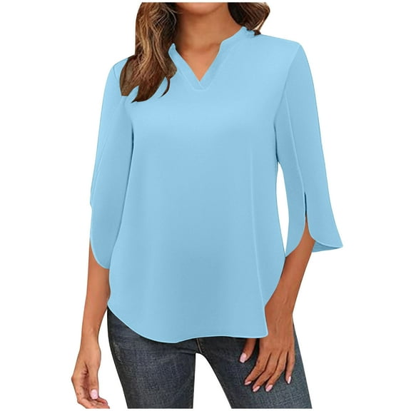 Scyoekwg 3/4 Sleeve Shirts for Women V-Neck Three-quarter Sleeve Shirts Vintage Solid Color Loose Fall Clothes Fashion Dressy Casual Blouses Pullover(Light Blue,S)