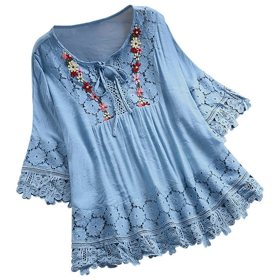 Scyoekwg 3/4 Sleeve Shirts for Women Vintage Crochet Lace Trim Bow V-Neck Three Quarter Top Embroidery Print Graphic Tops Casual Loose Fit Tunic Tops Trendy Summer Tops Blue 12 (XXL)