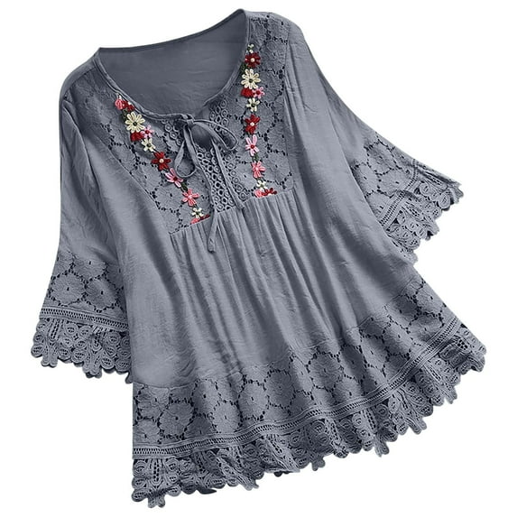 Scyoekwg 3/4 Sleeve Shirts for Women Vintage Crochet Lace Trim Bow V-Neck Three Quarter Top Embroidery Print Graphic Tops Casual Loose Fit Tunic Tops Trendy Summer Tops Gray L(8)