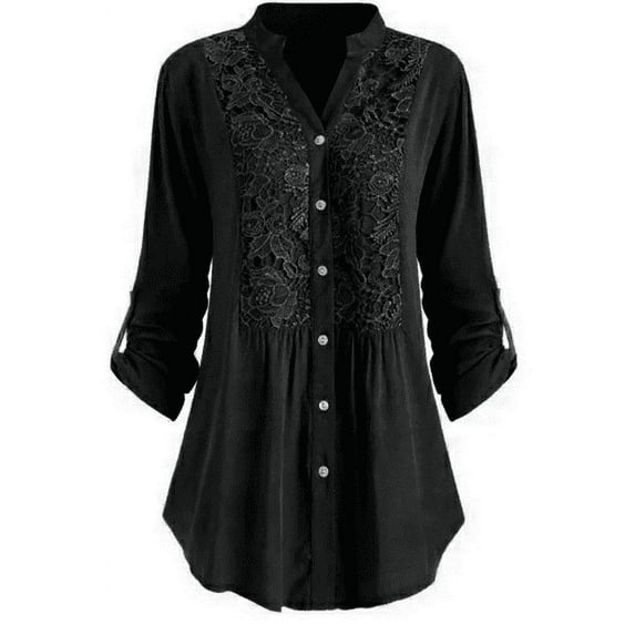 Scyoekwg 3/4 Sleeve Shirts for Womens Plus Size Roll Up Sleeve Button Down Shirts Lace V Neck Single Breasted Solid Color Blouses Loose Casual Tops Tee
