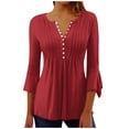 thumbnail image 1 of Scyoekwg 3/4 Sleeve Shirts for Women Button Flared Sleeve Pleated Tunic Tshirt Lightweight Solid Color Graphic Tee Comfy 3/4 Sleeve Blouses (Red,XXL), 1 of 5