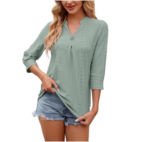 Scyoekwg 3/4 Sleeve Shirts for Women Casual Loose Comfy Blouse Going Out Tops Tshirt Crewneck Eyelet Shirts Classic Solid Color Cute Tops (Green,XXL)