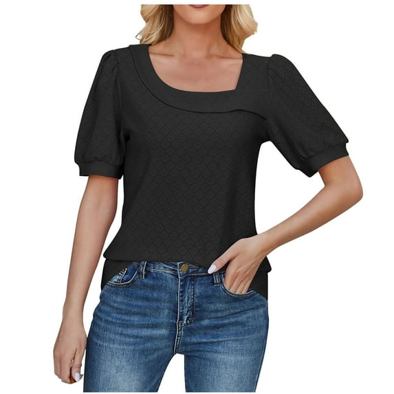 Scyoekwg 3/4 Sleeve Shirts for Women Puff Sleeve Elegant Tops 3/4 Sleeve Lightweight Solid Color Graphic Tee Comfy Blouse (Black,XXL)