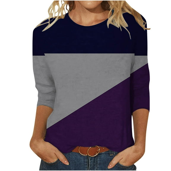 Scyoekwg 3/4 Sleeve Shirts for Women Round Neck Three-quarter Sleeve Tshirts Comfy Lightweight Color Block Patchwork Graphic Tee Blouse (Purple,S)