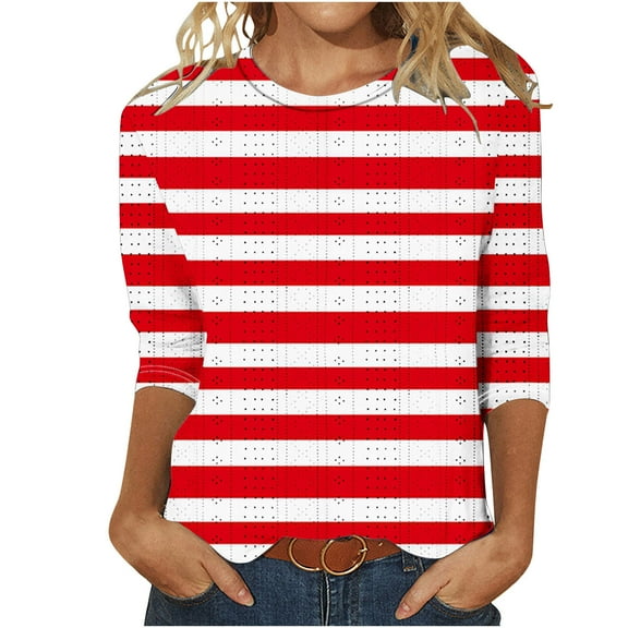 Scyoekwg 3/4 Sleeve Shirts for Women Round Neck Three-quarter Sleeve Tshirts Striped Print Graphic Tee Comfy Lightweight Blouses (Red,S)