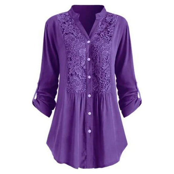 Scyoekwg 3/4 Sleeve Shirts for Womens Plus Size Roll Up Sleeve Button Down Shirts Lace V Neck Single Breasted Solid Color Blouses Loose Casual Tops Tee Purple XXXL