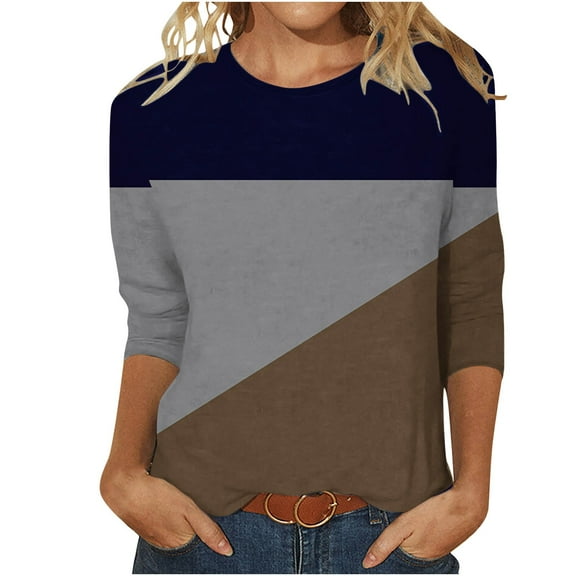 Scyoekwg 3/4 Sleeve T Shirts for Women Round Neck Three-quarter Sleeve Tshirts Comfy Lightweight Color Block Patchwork Graphic Tee Blouse (Coffee,XL)