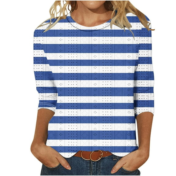 Scyoekwg 3/4 Sleeve T Shirts for Women Round Neck Three-quarter Sleeve Tshirts Striped Print Graphic Tee Comfy Lightweight Blouses (Blue,XL)