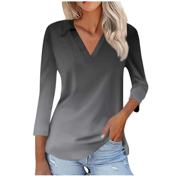 Scyoekwg 3/4 Sleeve T Shirts for Women V Neck Three-quarter Sleeve Tshirts Lightweight Gradient Color Graphic Tee Comfy Blouse (Black,XL)