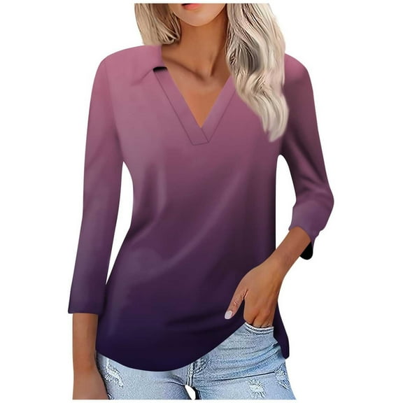 Scyoekwg 3/4 Sleeve T Shirts for Women V Neck Three-quarter Sleeve Tshirts Lightweight Gradient Color Graphic Tee Comfy Blouse (Purple,XL)