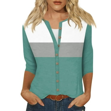 Scyoekwg 3/4 Sleeve Tops for Women V-Neck Button Three-quarter Sleeve Tshirt Vintage Color Block Graphic Tops Fashion Dressy Casual Blouses Loose Fall Clothes Pullover(Green,S)