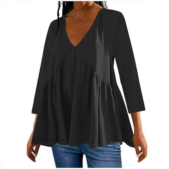 Scyoekwg 3/4 Sleeve Tops for Women V-Neck Pleated Layered Loose Tops Dressy Casual Blouses Vintage Solid Color Loose Fall Clothes Fashion Tops(Black,XXL)