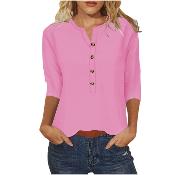 Scyoekwg 3/4 Sleeve Tops for Women V-Neck Button Three-quarter Sleeve Tunic Tops Summer Casual Trendy Solid Color Lightweight Blouses (Pink,XL)