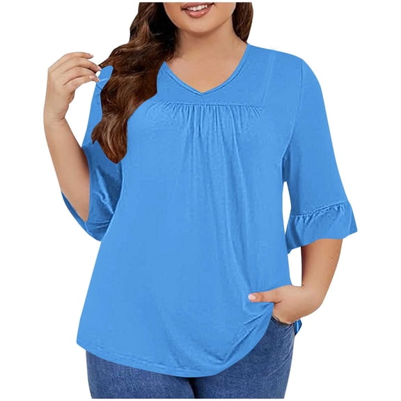 Scyoekwg 3/4 Sleeve Tunic Tops for Women V-Neck Pleated T-shirt Tops for Women Trendy Dressy Casual Blouse Lightweight Loose Tshirt Solid Color Blouses (Sky Blue,XL)