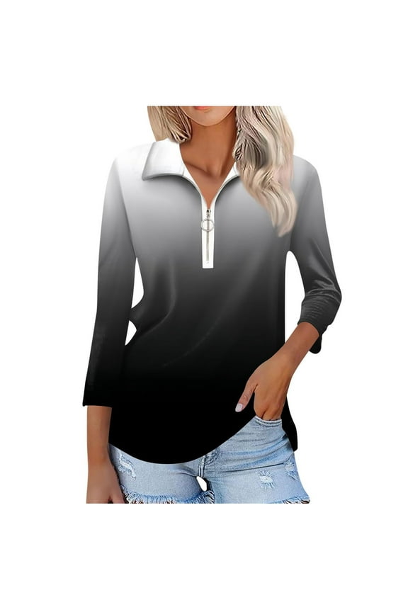 3/4 Sleeve Tunic Tops for Women Zipper Turndown Collar Shirts Lightweight Tops for Women Trendy Tshirt Loose Gradient Color Dressy Casual Blouses (Black,M)