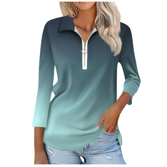 Scyoekwg 3/4 Sleeve Tunic Tops for Women Zipper Turndown Collar Shirts Lightweight Tops for Women Trendy Tshirt Loose Gradient Color Dressy Casual Blouses (Mint Green,L)