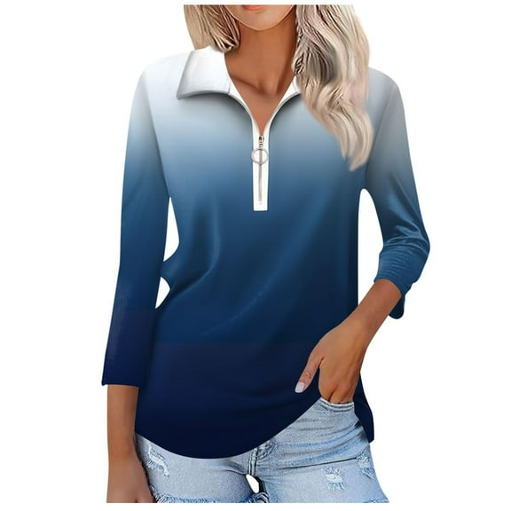Scyoekwg 3/4 Sleeve Tunic Tops for Women Zipper Turndown Collar Shirts Lightweight Tops for Women Trendy Tshirt Loose Gradient Color Dressy Casual Blouses (Navy,XL)