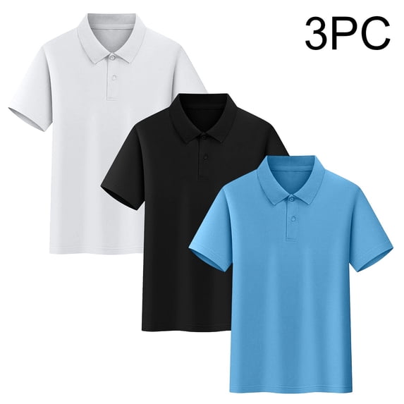 Scyoekwg 3 Pack Boys Tee Shirts Fashion Short Sleeve Solid Color Button Lapel Shirt Casual School Uniform Shirts (Blue,10 Years)