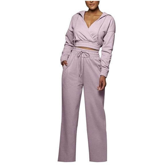 Scyoekwg Athletic Outfits for Women V-Neck Long Sleeve Tops Wide Legs Pants Sweatpants Set Solid Color Casual Fashion Loose Fall Outfits Sweatsuits (Purple,XL)