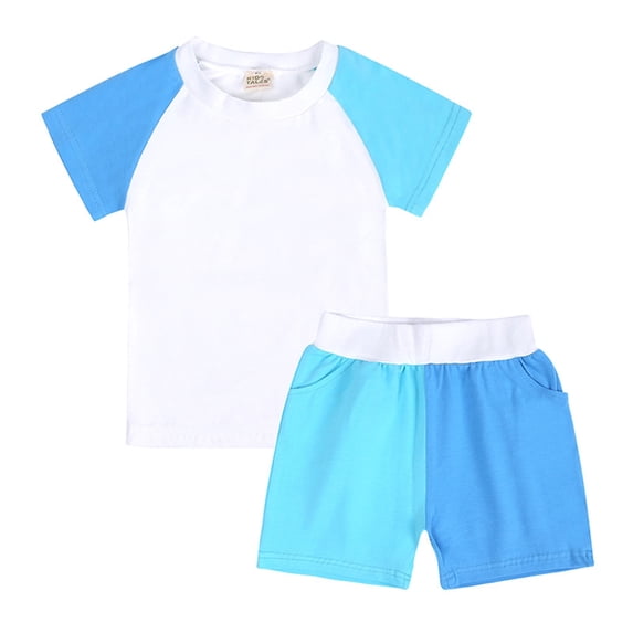 Scyoekwg Baby Boy Clothes Infant Toddler Baby Girl Clothes Casual Round Neck Short Sleeve Tshirt Color Block Patchwork Shorts Outfits Set (Light Blue,6-9 Months)