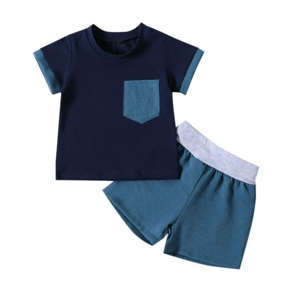 Scyoekwg Baby Clothes Clearance Toddler Boys Clothes Outfits Color Block Shorts Sleeve Round Neck T-shirts and Shorts Summer Outfit Set Navy9 Months