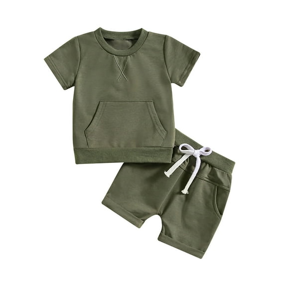 Scyoekwg Baby Girl Boy Newborn Infant Toddler Baby Boy Girl Clothes Casual Round Neck Short Sleeve Tops Drawstring Shorts with Pocket 2PC Sets (Army Green,2-3 Years)
