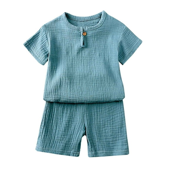 Scyoekwg Baby Girl Boy Toddler Baby Infants Girls Boys Cotton Linen Outfits Solid Color Round Neck Short Sleeve Tops Shorts 2pcs Sets (Blue,2-3 Years)