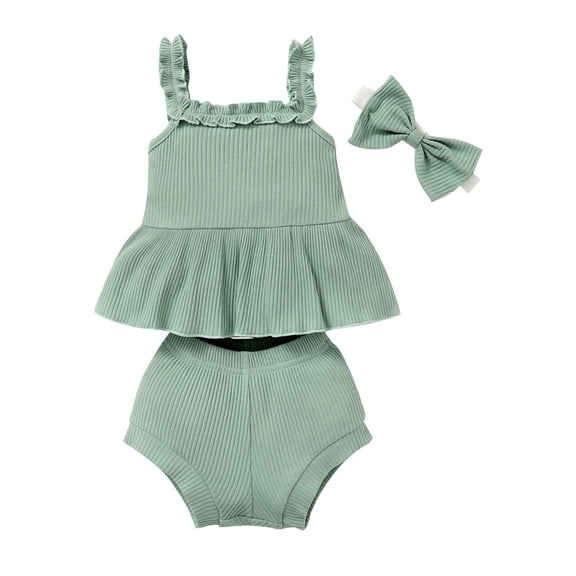 Scyoekwg Baby Girl Cute Infants Toddler Baby Girls Clothes Solid Color Summer Sleeveless Suspender Top Shorts Bow Headband Three-piece Set (Green,18-24 Months)