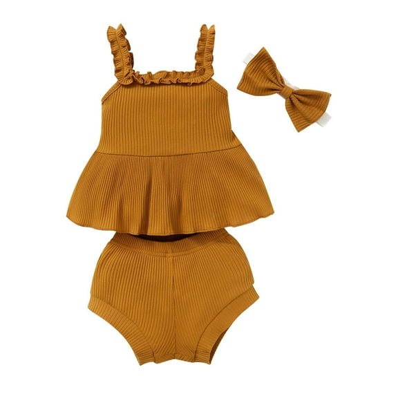 Scyoekwg Baby Girl Cute Infants Toddler Baby Girls Clothes Solid Color Summer Sleeveless Suspender Top Shorts Bow Headband Three-piece Set (Brown,12-18 Months)