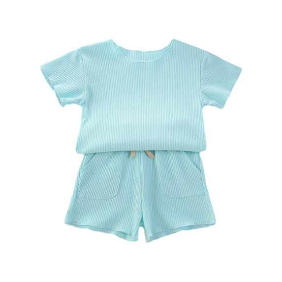 Scyoekwg Baby Girls Clothes Infants Toddler Baby Girl Outfit Round Neck Short Sleeve T-Shirt Tops Elastic Waist Shorts Suit (Blue,3-6 Months)