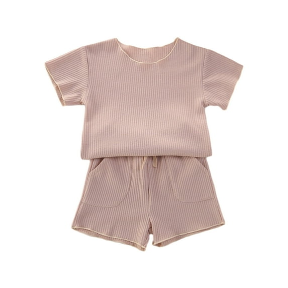 Scyoekwg Baby Girls Clothes Infants Toddler Baby Girl Outfit Round Neck Short Sleeve T-Shirt Tops Elastic Waist Shorts Suit (Khaki,18-24 Months)