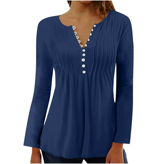 Scyoekwg Basic Long Sleeve Tops for Women Lightweight Long Sleeve T Shirts V-Neck Button Pleated Tunic Shirts Casual Solid Color Fall Shirts Loose Blouses Dark Blue S