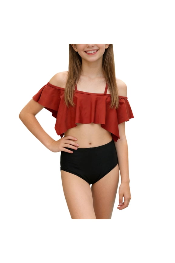 Bathing Suits for Girls Vacation Solid Color Ruffle Strapless Bikini Tops High-Waist Trunks Set Everyday Slim Beach Red, 10 Years