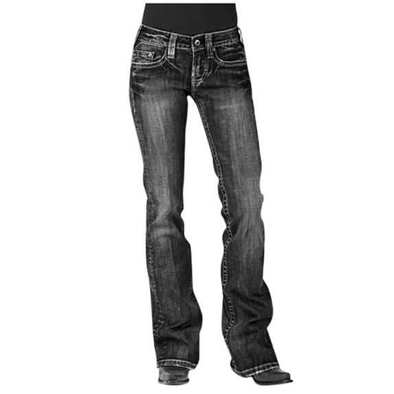 Scyoekwg Bell Bottom Jeans for Women Mid Waisted Denim Jeans Stretch Button Straight Full Length Pants Jeans with Pocket Black XXXL