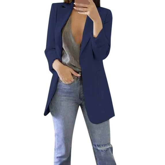 Scyoekwg Blazer Jackets for Women Autumn Winter Long Sleeve Office Coat Cardigans Suit Long Jacket Warm Clothes Dark Blue XL
