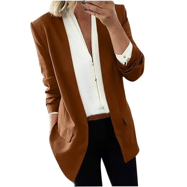 Scyoekwg Blazer Jackets for Women Fall Fashion Lapel Cape Long Coat Blazers  Ladies Casual Comfy Office Suit Outwear Tops Womens Tops Brown L