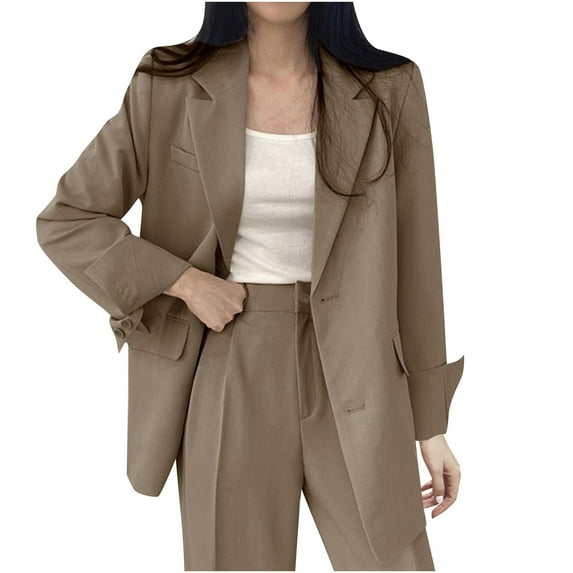 Scyoekwg Blazers for Women Business Casual Button Lapel Blazer Long Sleeve Lightweight Solid Color Trendy Offices Work Suit Fall Coats Coats(Khaki,M)