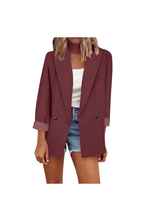 Blazers for Women Fall Clothes for Women 2025 Fashion Casual Solid Open Front Cardigan Long Sleeve Jacket Coat Womens Clothes Wine L