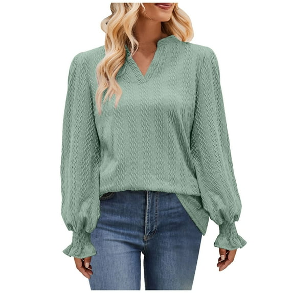 Scyoekwg Blouses for Women Casual V-Neck Puff Sleeve Elegant Shirts Fall Tops Long Sleeve T Shirts Women Blouses Trendy Solid Color Loose Lightweight Pullover (Mint Green,M)