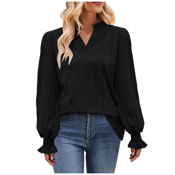 Scyoekwg Blouses for Women Casual V-Neck Puff Sleeve Elegant Shirts Fall Tops Long Sleeve T Shirts Women Blouses Trendy Solid Color Loose Lightweight Pullover (Black,M)