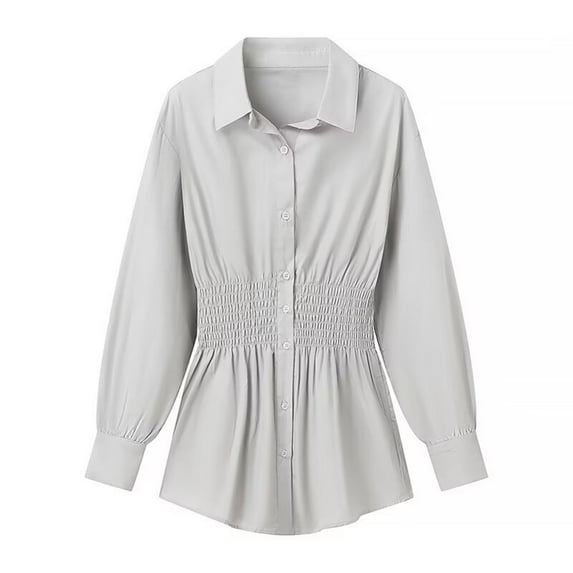 Scyoekwg Blouses for Women Dressy Casual Long Sleeve Lapel Button Up Shirts Solid Color Elegant Waist Pleated Tunic Tops Lightweight Comfy Shirts Tops (Gray,XS)