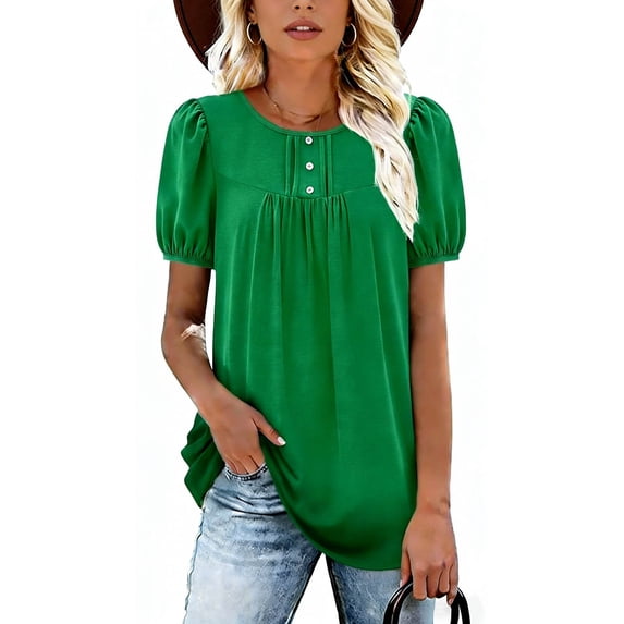 Scyoekwg Blouses for Women Pleated Short Sleeve Tunic Tops Dressy Casual Summer Hide Belly Shirts Bubble Sleeve Button Cren Neck Ladies Blouses(Green,XXL)