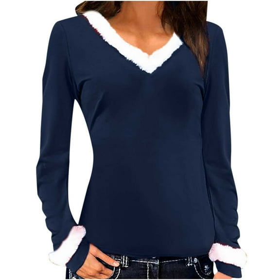 Scyoekwg Blouses for Women Dressy Casual Solid Color Comfy V-Neck Plush Collar Loose Lightweight Long Sleeve Tops Blouse (Navy,L)