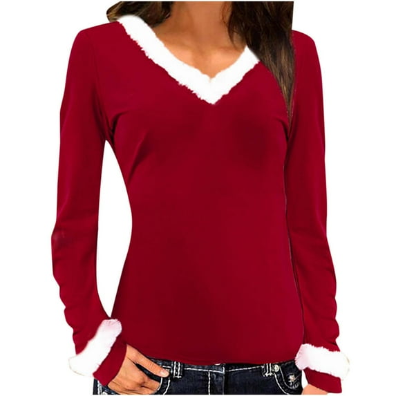 Scyoekwg Blouses for Women Dressy Casual Solid Color Comfy V-Neck Plush Collar Loose Lightweight Long Sleeve Tops Blouse Clearance (Red,L)