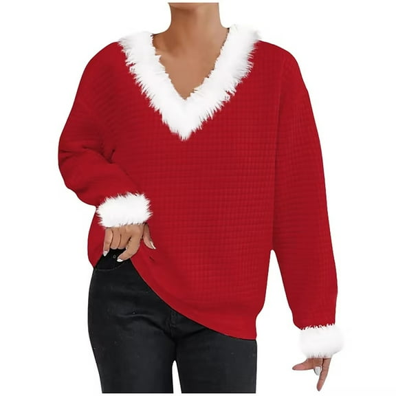 Scyoekwg Blouses for Women Dressy Casual V-Neck Plush Collar Loose Lightweight Comfy Long Sleeve Tops Solid Color Blouse (Red,L)