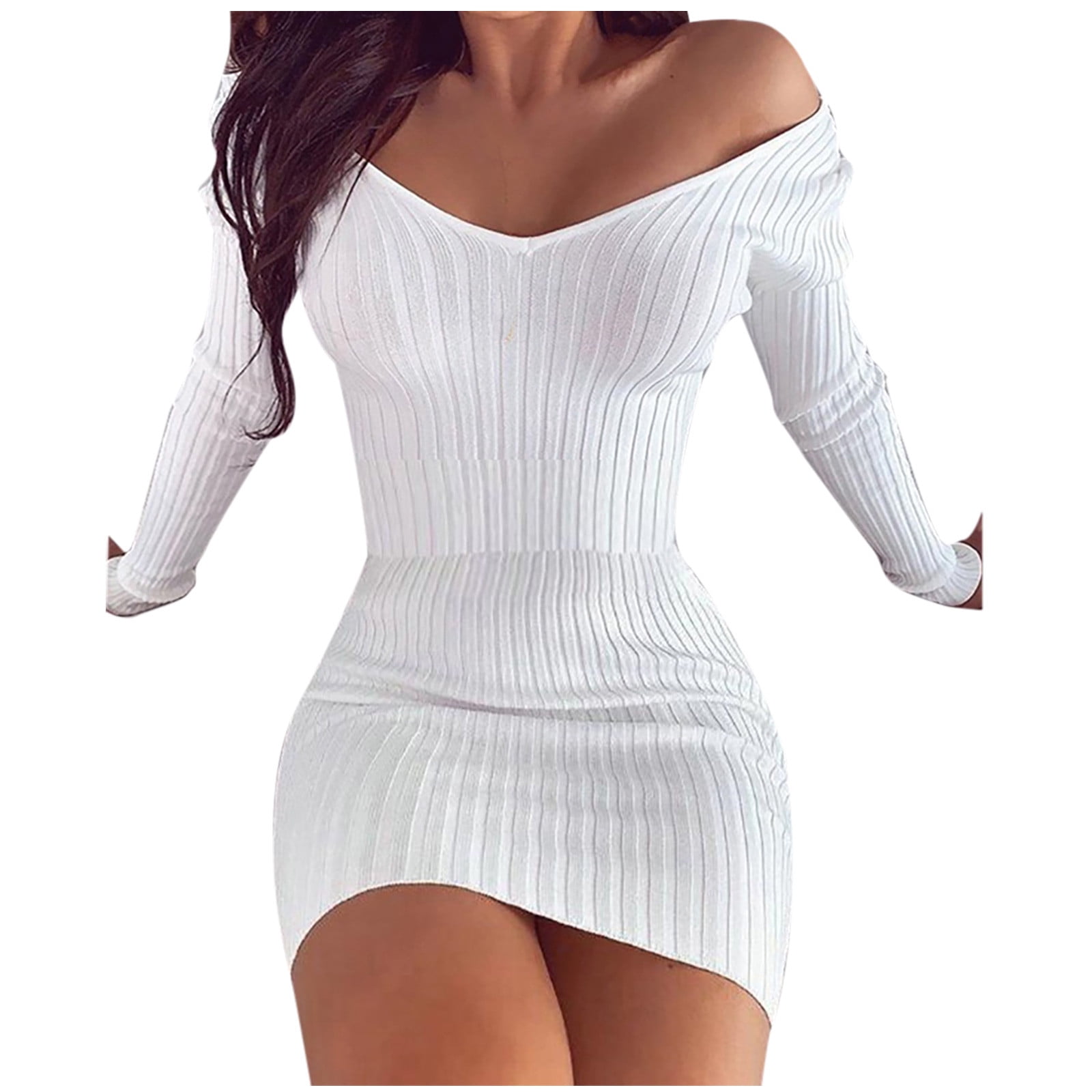 送料無料 通販 Bodycon, V-Neck Women's Scyoekwg White Dress Sleeve Long Clothing