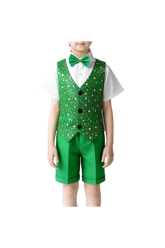 Boys Clothes Sets Fashion White Short Sleeve Shirts Button Sequined Waistcoat Tie Solid Color Shorts Suit Outfits Shorts Outfits, Green, 4-5 Years