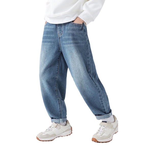 Scyoekwg Boys Jeans Baggy Pants Spring Fashion Solid Color Comfy Casual Elastic Waist Jeans Versatile Straight Leg Denim Pants Blue 13-14 Years