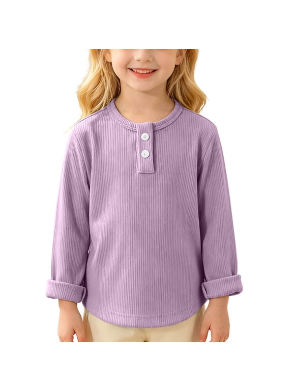 Boys Ribbed Henley Long Sleeve Roll Cuff Top Button Front Casual Shirt for Fall Spring School Daily Wear (Purple,9 Years)