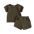 thumbnail image 1 of Scyoekwg Boys Sets Clearance Fashion Toddler Baby Boys Girls Outfits Sets Casual Round Neck Short Sleeve Tops Solid Color Shorts Outfits (Green,6-12 Months), 1 of 9